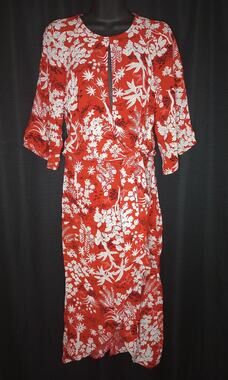 Topshop Red Floral Keyhole Faux Wrap Midi Dress 3/4 Sleeve Wedding Guest - Sz 2